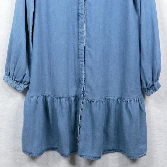 LOFT Chambray Ruffle Flounce Dress Dropped Waist Soft Lyocell Linen Blue Sz M - Picture 5 of 9